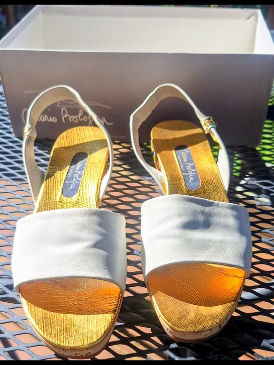Mario Bologna Shoes - Vtg Mario Bologna Riccione White Leather Cork Wedge Sandals w/ Gold Beads 8